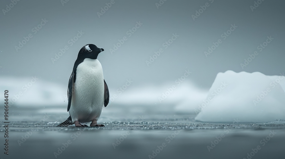Fototapeta premium Emperor penguins pose on icy rocks in Antarctica