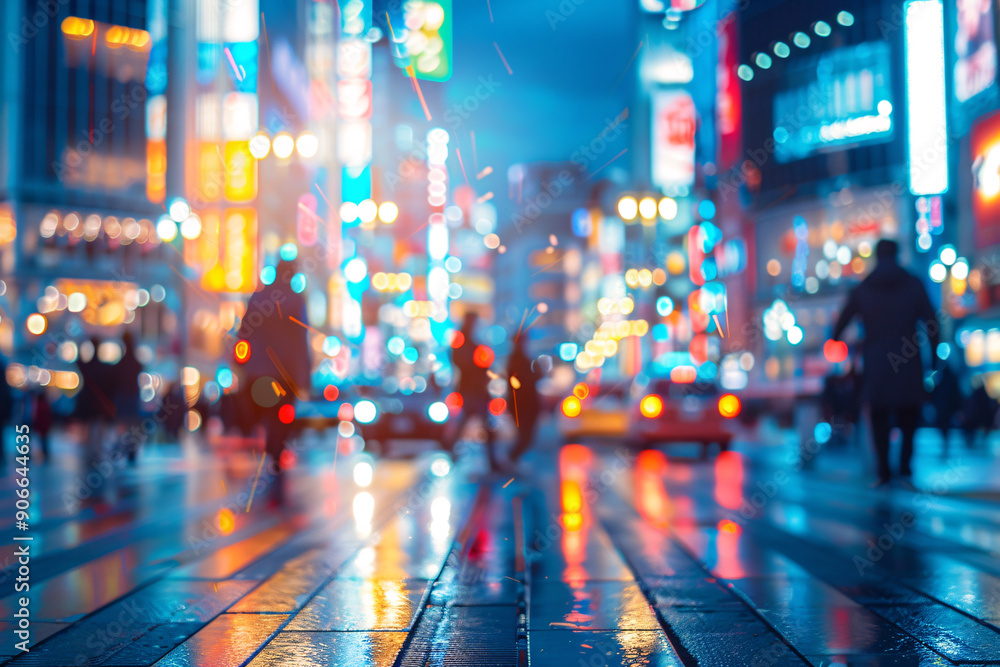 Fototapeta premium Fully blurred city street with cars and bokeh lights, blurry busy city background