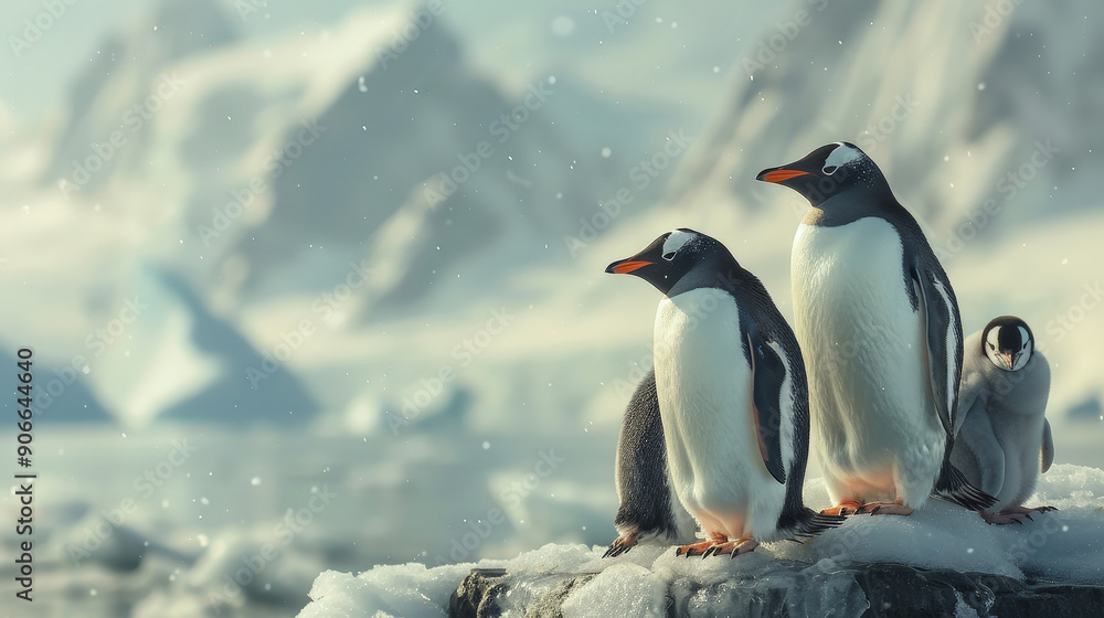 Fototapeta premium Penguin family huddled on an icy landscape, unity in adversity, powerful photo banner