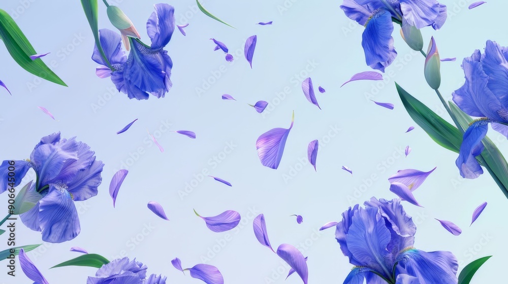 A whimsical display of blue iris flowers and petals floating against a pale blue background A whimsical display of blue iris flowers and petals floating against a pale blue background
