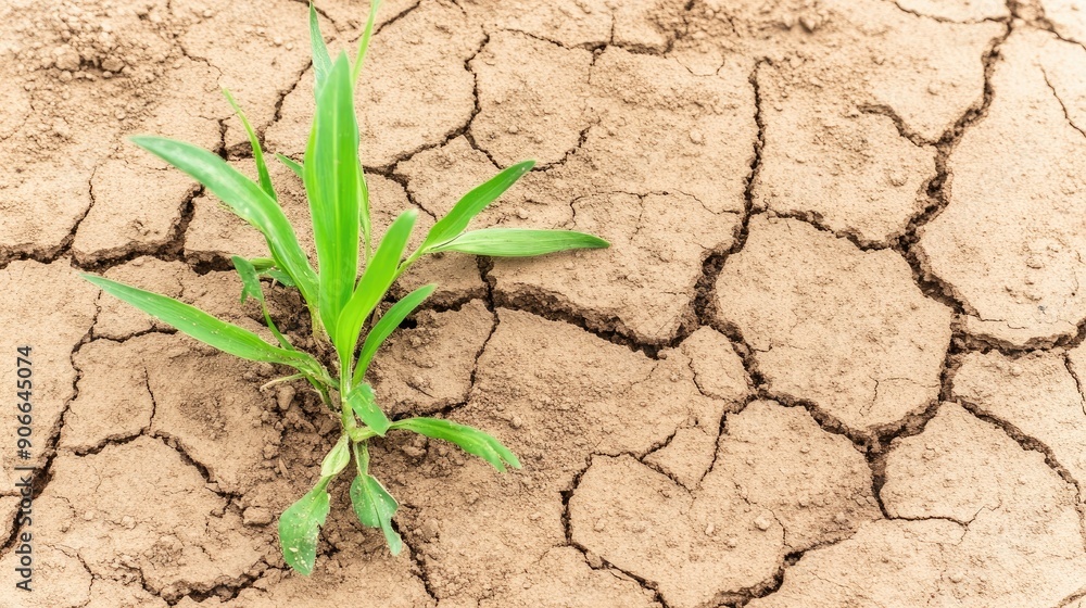 Dry, cracked earth showcases resilient grass sprouting in a drought-stricken region during a sunny day Dry, cracked earth showcases resilient grass sprouting in a drought-stricken region during a sunny day