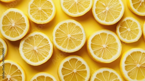 Tangy lemon slices arranged to cover the whole background with fresh yellow.