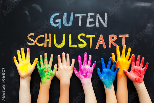 Symbol image of the start of school (Germany): A blackboard reads GUTEN SCHULSTART (Good start of school), A.I.-generated