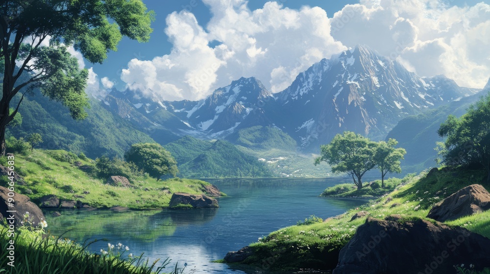 Fototapeta premium Calm and Serene Landscape, anime style