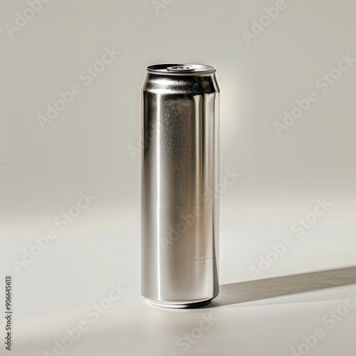 Medium shot of a Metal aluminum beverage drink can, isolated on a solid light pastel white background, 