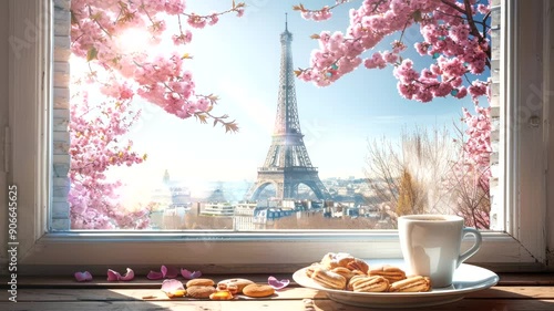 View of the Eiffel Tower through a window with a cup of coffee and pastries.