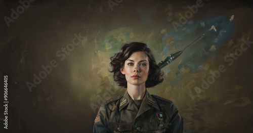Portrait of a Woman in Military Uniform Against a Black Background.Generated image © .shock