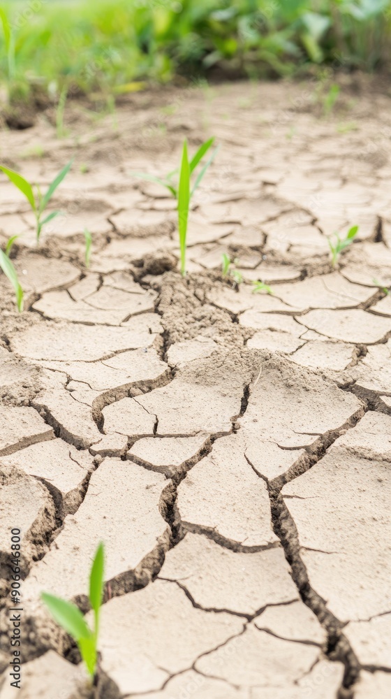 Dry, cracked earth showcases resilient grass sprouting in a drought-stricken region during a sunny day Dry, cracked earth showcases resilient grass sprouting in a drought-stricken region during a sunny day
