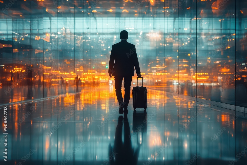 Fototapeta premium A man is walking down a hallway with a suitcase. The image has a mood of travel and adventure