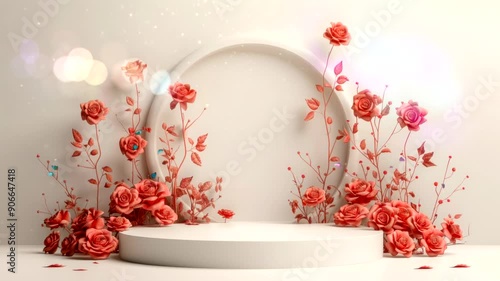 White podium with coral roses and bokeh for product display.