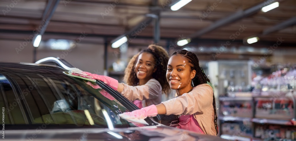 Obraz premium Smiling Female Mechanic Polishing a Car in the Workshop.Generated image 