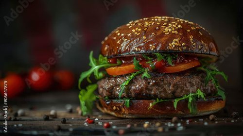 Juicy beef patty nestled in sesame bun with melted cheese, crisp lettuce, ripe tomato, and golden-brown onion rings photo