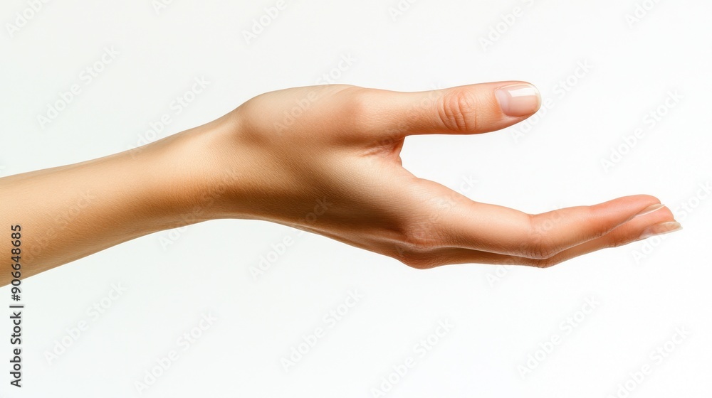 Close-up of an open hand on a white background. The hand is extended, showcasing smooth skin and clean nails. Close-up of an open hand on a white background. The hand is extended, showcasing smooth skin and clean nails.