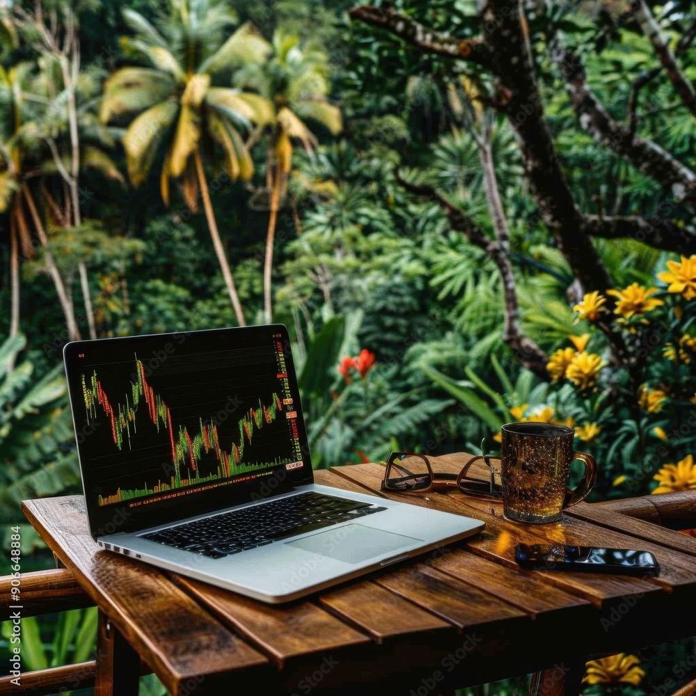 Happy investor trading from a sunlit veranda Happy investor trading from a sunlit veranda