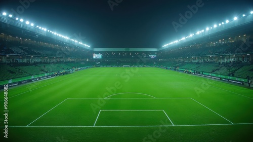 Empty illuminated football stadium at night, showcasing the pristine grass field, ready for an upcoming match.