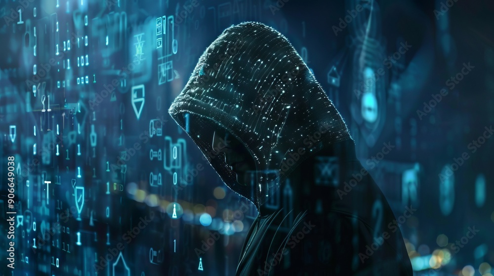 Amidst a backdrop of glowing computer screens, a cyber-attacker studies ...