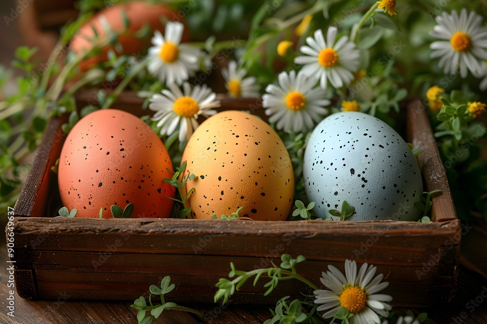Colorful Easter Eggs in Wooden Tray with Flowers for Spring Decoration and Celebrations Colorful Easter Eggs in Wooden Tray with Flowers for Spring Decoration and Celebrations
