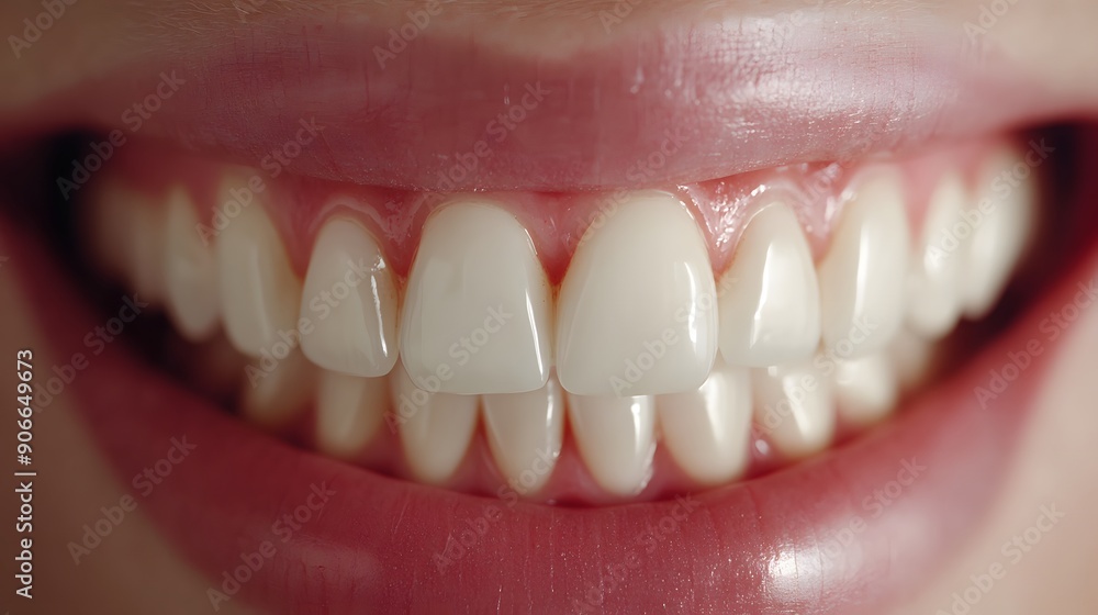 Fototapeta premium Close-up of perfect smile, pearly white teeth, healthy pink gums, soft full lips, flawless dental aesthetics, macro photography, dental perfection, cosmetic dentistry, natural lighting.