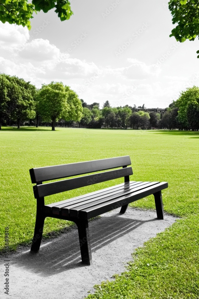 Tranquil park bench amidst lush greenery on a bright sunny day Tranquil park bench amidst lush greenery on a bright sunny day