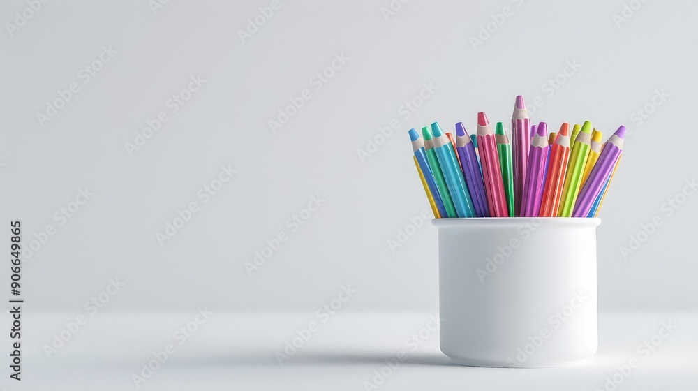 Obraz premium A white ceramic holder containing a variety of colorful pencils is placed on a white surface. Generative AI