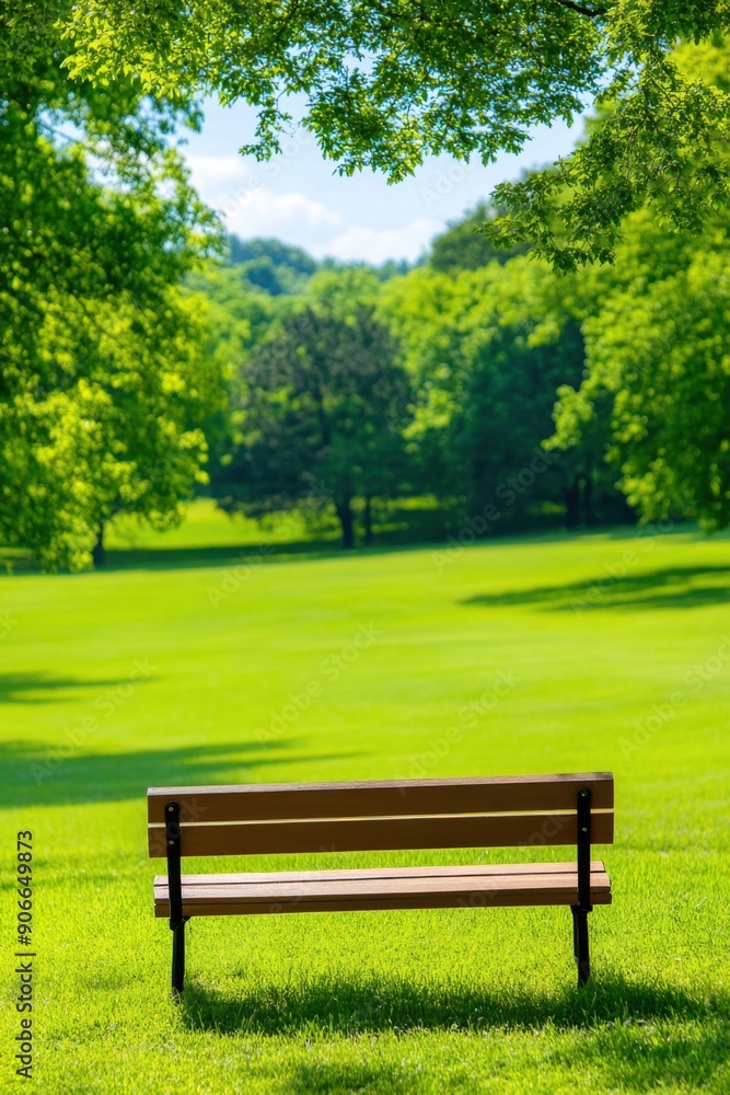 Serene park bench overlooking lush green field in early afternoon sunlight Serene park bench overlooking lush green field in early afternoon sunlight