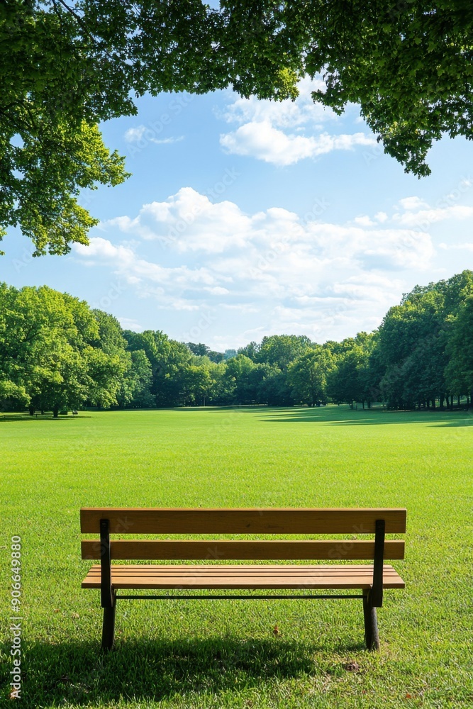 Serene park bench overlooking lush green meadow under clear blue sky Serene park bench overlooking lush green meadow under clear blue sky