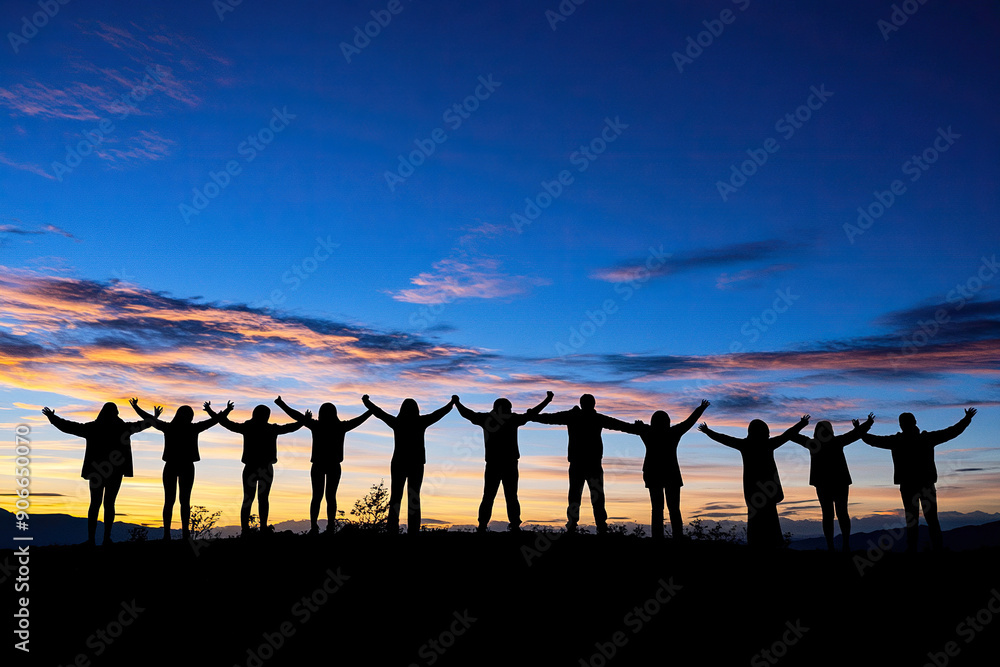 Fototapeta premium Silhouettes of group people men and women standing in celebration their victory at sunset