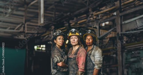 Portrait of Three Tired Female Miners Working Underground.Generated image photo