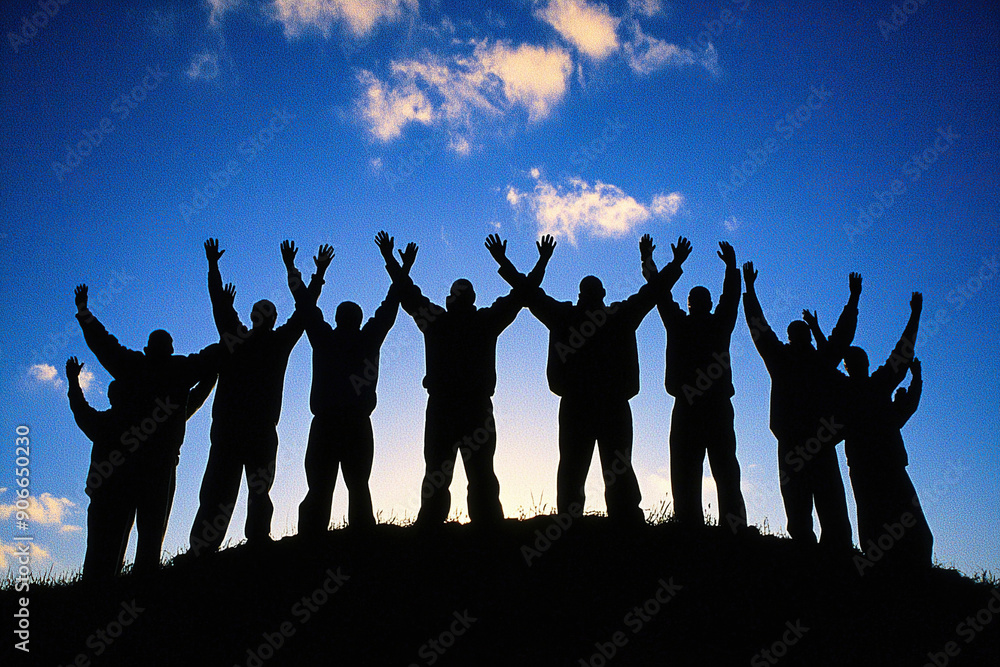 Silhouettes of group people men and women standing in celebration their victory at sunset Silhouettes of group people men and women standing in celebration their victory at sunset