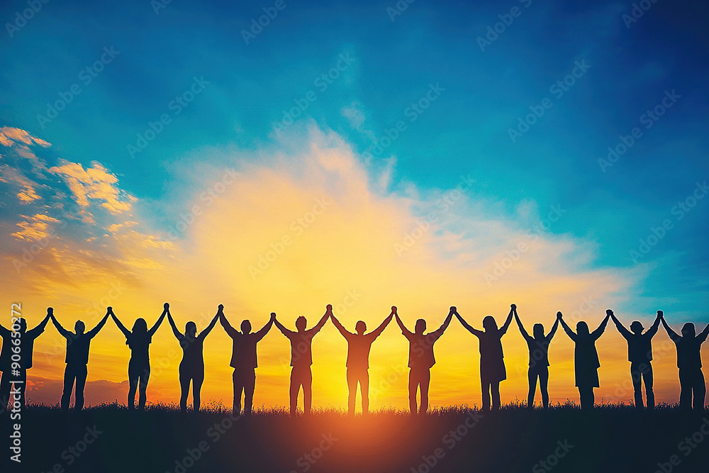 Silhouettes of group people men and women standing in celebration their victory at sunset Silhouettes of group people men and women standing in celebration their victory at sunset