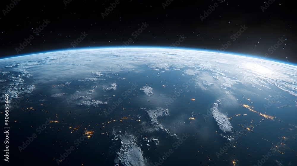 Obraz premium Earth from space, panoramic view, night lights, city illumination, curved horizon, atmospheric glow, cloud cover, dark space background, cinematic, dramatic lighting.