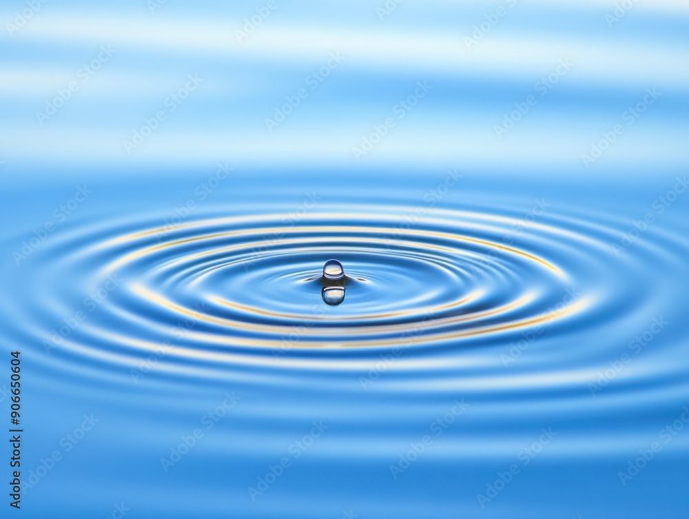 Rippling serenity of a single water droplet in a calm blue pond at dawn Rippling serenity of a single water droplet in a calm blue pond at dawn
