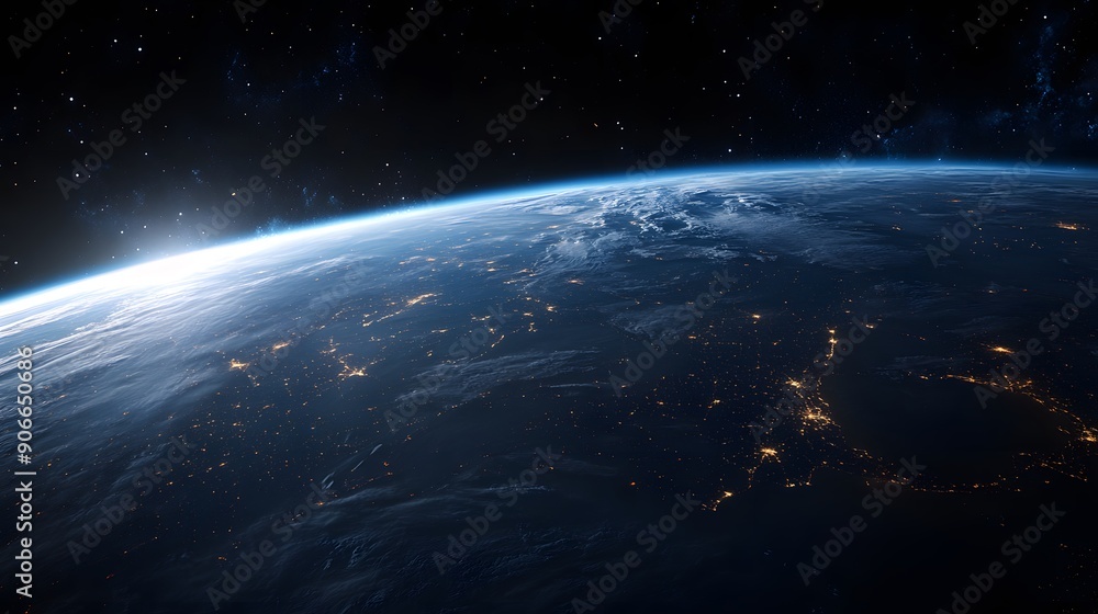 Fototapeta premium Earth from space, panoramic view, night lights, city illumination, curved horizon, atmospheric glow, cloud cover, dark space background, cinematic, dramatic lighting.