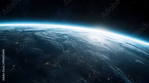 Earth from space, panoramic view, night lights, city illumination, curved horizon, atmospheric glow, cloud cover, dark space background, cinematic, dramatic lighting.