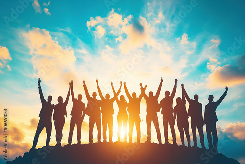 Silhouettes of group people men and women standing in celebration their victory at sunset photo