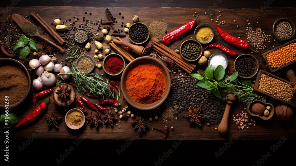 A top view of a wooden table with an array of spices and cooking utensils A top view of a wooden table with an array of spices and cooking utensils