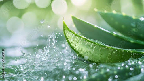 Fresh aloe vera leaves, water splash, droplets, vibrant green, gel texture, healing plant, macro photography, high-speed capture, crystal clear water, dynamic motion, soft bokeh background. photo