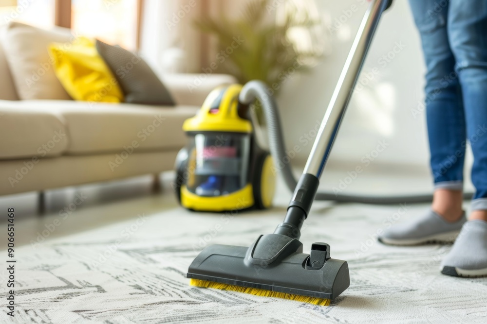 Close-up of a vacuum cleaner being used on a carpet in a comfortable living room setting. Generated AI Close-up of a vacuum cleaner being used on a carpet in a comfortable living room setting. Generated AI