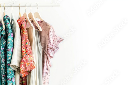 A collection of vibrant and stylish summer dresses hanging on white hangers against a bright background. Generated AI photo