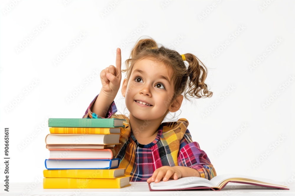 The girl on the white background with the books points her finger up, concepts back to school The girl on the white background with the books points her finger up, concepts back to school