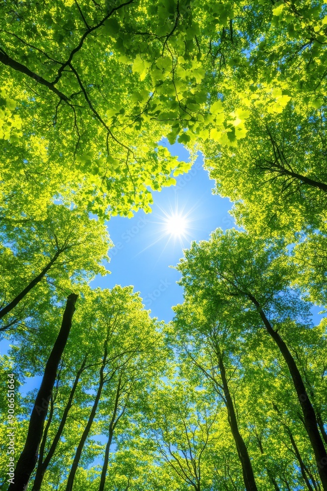 Sunlit canopy: glimpse of blue sky among lush green forest