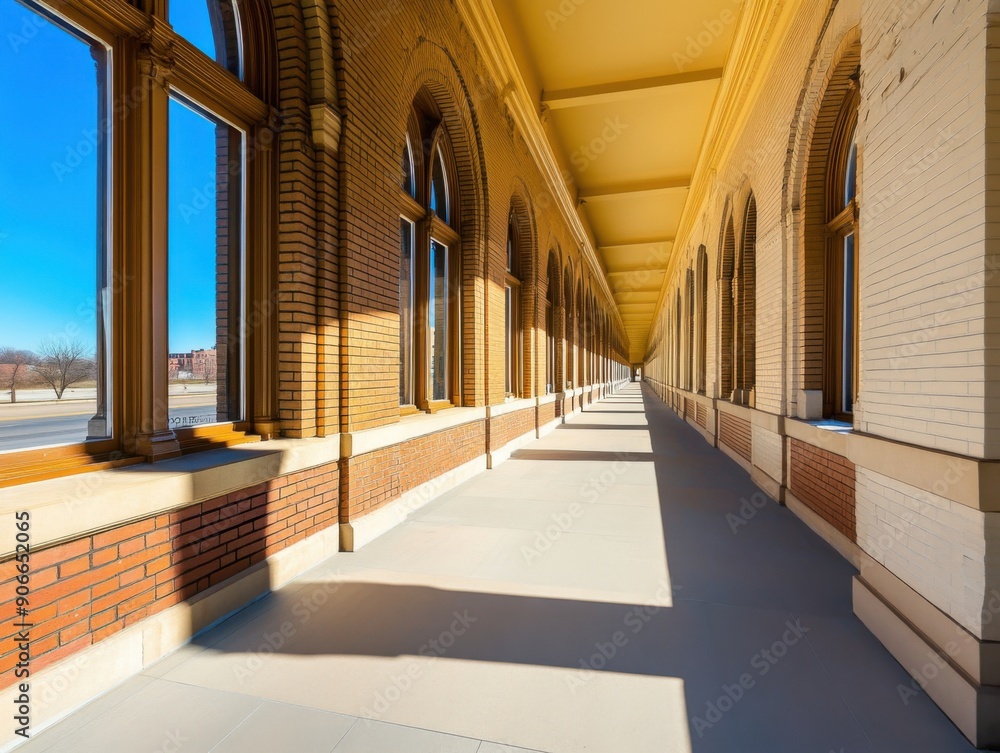 Sunlight streaming through historic arches of a grand corridor on a clear day Sunlight streaming through historic arches of a grand corridor on a clear day