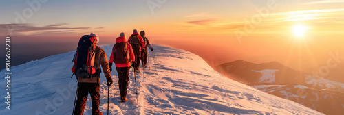 Nature Trekking: People on an Ice Mountain Adventure in Winter Sunset photo