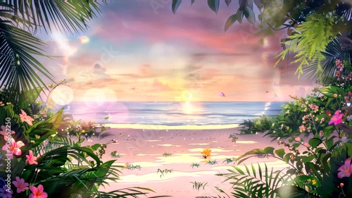 Tropical Beach Scene with Lush Foliage and Pink Flowers.