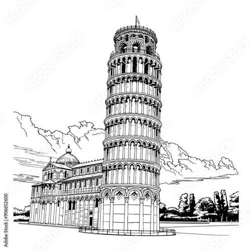 Single one line drawing lean pisa tower vector image Leaning tower pisa line art vector illustration Bay Outline Sketch one line drawing marina