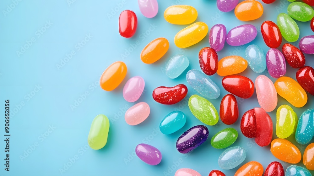 Pale blue background, colorful jelly beans, vibrant candy assortment, red, orange, yellow, green, purple, blue candies, glossy surface, scattered arrangement, food photography. Pale blue background, colorful jelly beans, vibrant candy assortment, red, orange, yellow, green, purple, blue candies, glossy surface, scattered arrangement, food photography.