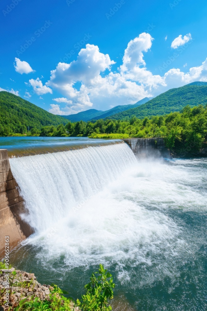 Majestic waterfall cascading over dam amidst lush green mountains under blue sky Majestic waterfall cascading over dam amidst lush green mountains under blue sky