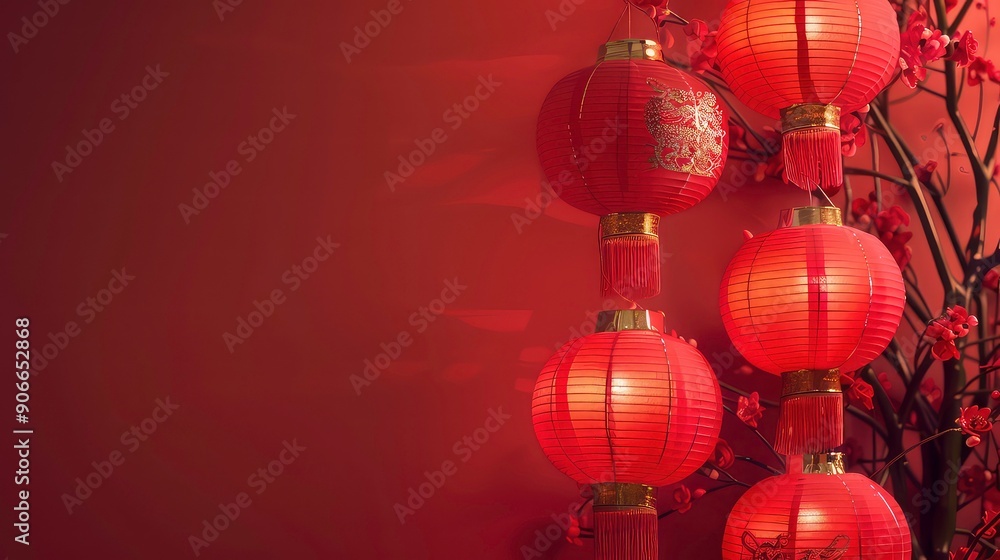 Red Chinese Lanterns Hanging in Front of a Brown red Chinese lanterns hang from a branch, illuminated against a brown wall. Generative AI Red Chinese Lanterns Hanging in Front of a Brown red Chinese lanterns hang from a branch, illuminated against a brown wall. Generative AI