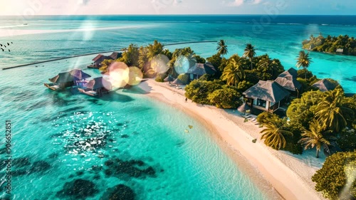 Tropical island with overwater bungalows and a white sandy beach.
