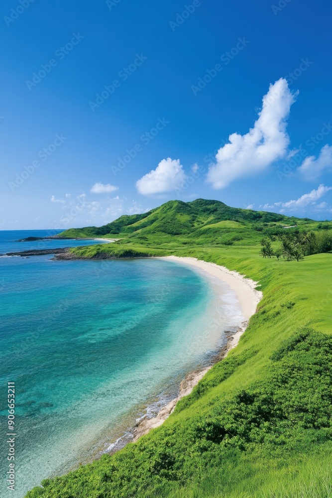 Serene coastal landscape with lush green hills under a bright blue sky Serene coastal landscape with lush green hills under a bright blue sky